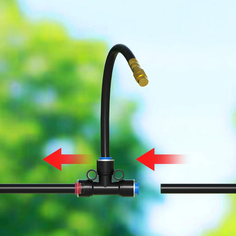Close-up view of 20 Pack 360 Degree Adjustable Drip Irrigation Nozzles for one quarter inch tubing with flexible copper mist nozzles and quick connect three way fittings for easy garden watering.
