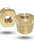 Brass hex pipe bushing 3/4 in MNPT to 1/4 in FNPT reducer, two fittings