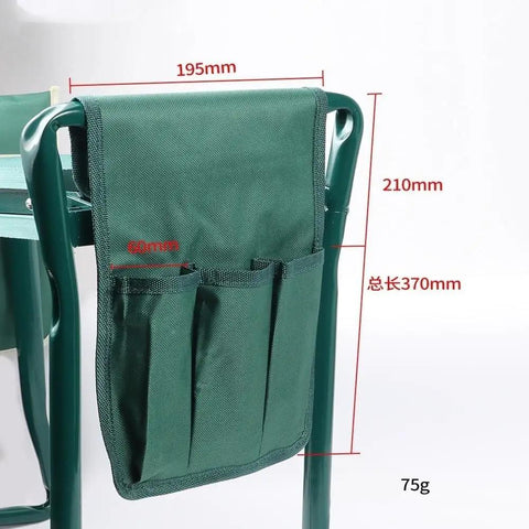 Close-up of Foldable Garden Kneeler And Seat With Tool Pouches showing size dimensions and tool pockets.