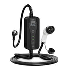 Heavy Duty Portable EV Charger With A Hella Durable IP67 Waterproof Build And Top Notch Safety Guards For Super Smooth 16 Amp Type 2 To Type 1 SAE J1772 EVSE Charging On Any Road Trip with visible cables and display.