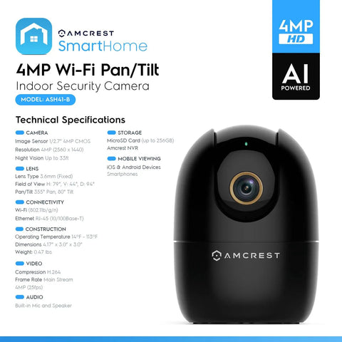 4MP WiFi Indoor Camera With Pan Tilt Zoom, Pet And Baby Monitor, Human And Pet Detection, Auto Tracking, Amcrest model ASH41-B