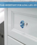 Cool Blue Stained Glass Flower Mosaic Round Cabinet Knobs 2 Pack With Screws for drawers shown on white cabinet