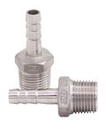 Two stainless steel hose barb fittings, 3/8 in barb to 1/2 in NPT male, pack of 2