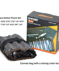 12 Piece Leather Hole Punch Set With Free Cutting Mat, Hollow Punch Kit, canvas pouch, and box packaging displayed