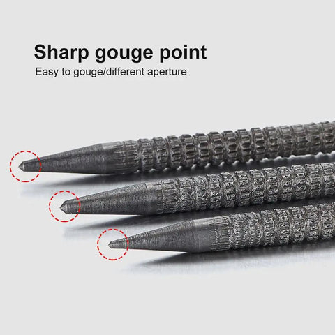 Heavy Duty Nail Setter Punch And Center Punch Set With Three Swappable Tips and sharp gouge points for precise work.