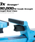 Close view of Ultimate Grip 4-Inch Bench Vise With 360 Degree Swivel Base, highlighting 90,000 PSI forged steel strength.