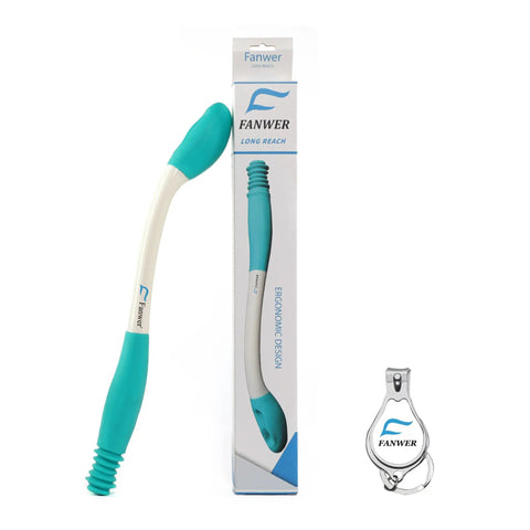 Long Reach Toilet Aid For Easy Wiping Extends Your Reach Over 15 Inches with green cushioned handle beside packaging.