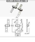 Front view of a small 304 stainless steel hinge with damping shaft; two mounting plates for cabinet doors, 360° rotation.