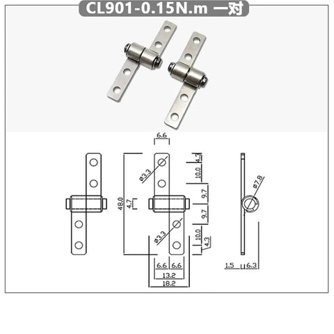 Front view of a small 304 stainless steel hinge with damping shaft; two mounting plates for cabinet doors, 360° rotation.
