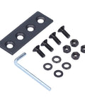 Steel Sliding Barn Door Connecting Adapter For Splicing Tracks Over Three Meters Durable Carbon Steel Barn Door Hardware Connector Easy Install With Mounting Screws No Drill Required Heavy Duty Load Bearing Stable And Rust Resistant, showing adapter plate, screws, nuts, washers, and hex key.