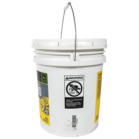 Low Viscosity Hy-Gard Transmission And Hydraulic Oil For Tractors And Heavy Equipment 5 Gallon Bucket Built To Keep Transmissions Final Drives, shown in white container with label and handle