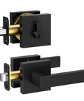 Matte Black Heavy Duty Door Handle Set With Reversible Square Lever For Bedroom Bathroom And Hallways Deadbolt Plus Passage Lever Durable Zinc Alloy Hardware 1 Pack