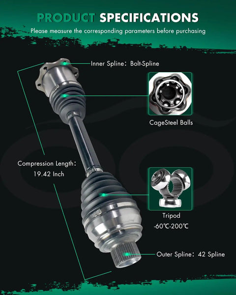 Audi Front CV Axle Shaft Assembly For Quattro AWD 2.0L I4 And 3.0L V6, detailed view of splines and compression length