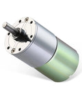 12V Beefy High Torque Gear Motor With 100 RPM Output, shown in side view, featuring all metal gears and D-shaped output shaft.