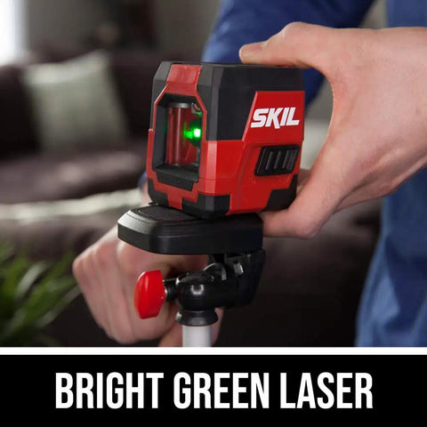 Person adjusting Self Leveling Green Cross Line Laser With Projected Measuring Marks For Quick Precise Layouts Up To 65 Feet A Handy DIY And Pro Tool Red Black LL932401 on tripod