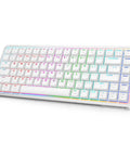 Low-Profile 75 Mechanical Keyboard With Aluminum Frame And Hot-Swappable Switches Features Shine-Through PBT Keycaps With Punchy RGB And Snappy Bluetooth And 2.4G And USB C For Linkups A Dope Pick For Gaming Work Or Play On Mac Or Windows System, illuminated keys on a compact layout.