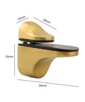 Side view of gold finish wall mounted shelf bracket adjustable zinc alloy clamp fits 3 to 22mm glass or wood shelves.