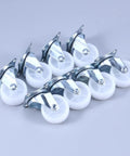 Inch Swivel Caster Universal Brake Wheel for Furniture, PP 8 Pcs with shiny metal brackets and white wheels, arranged in two rows.