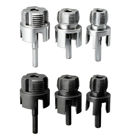 Heavy Duty Carbon Steel Pipe Threader Kit For Electric Drill Includes 1, 4 And 6 Inch Dies For Plumbing And Repair Tasks, six dies displayed.