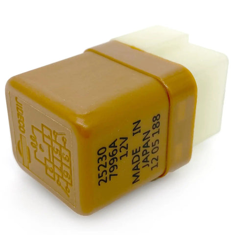 Close-up of 12V 6-Pin Automotive Relay showing 25230-7996A code, featuring plastic casing for Nissan/Infiniti ignition and starter.