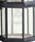 Close-up of durable outdoor wall light in black finish with clear beveled glass, 1 light exterior sconce, weatherproof aluminum lantern.