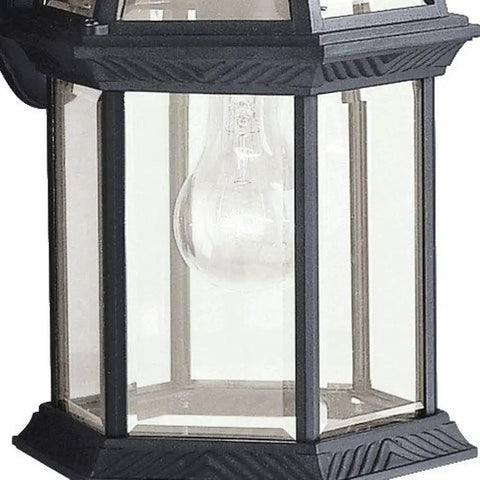Close-up of durable outdoor wall light in black finish with clear beveled glass, 1 light exterior sconce, weatherproof aluminum lantern.