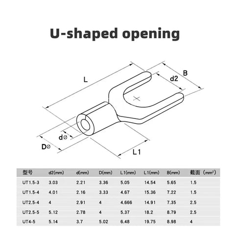 Ultimate 320 Pcs Non Insulated Ring Fork And U Type Brass Cable Crimp Terminals Kit For Heavy Duty Wire Connections And Electrical Spade Ends Assortment U-shaped opening diagram