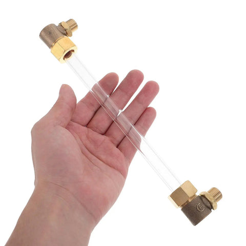 Industrial Water Level Gauge With One Quarter Inch Thread For Buckets And Cisterns, High Temperature Resistant Glass And Copper Tube, Precise Measurement, Built Tough Right Angle Display For Home Use, shown in hand