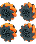 Four 65mm high-hardness plastic mecanum wheels with orange rollers and dark gray hubs