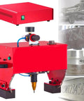 Absolute Workhorse Pneumatic Dot Peen Metal Marking Engraver Sleek Handheld Stamping Tool with red frame and tipping nozzle for metal.