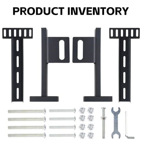 Heavy Duty Adjustable Headboard Brackets For Bed Frame With Complete Hardware Set showing black metal connectors and bolts.