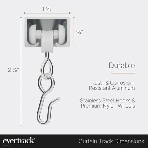 Ceiling Mounted Curtain Rail 20 Ft Satin Brass Track For Curtains And Room Dividers, Privacy Panels, Offices, Classrooms, Hospitals And More, USA Made Heavy Duty Ceiling Track System For Home Or Business Use. Curtain track wheel and hook dimensions