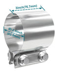 Angled side view of LWNWPPER exhaust clamp, 2.5-inch ID, 3-inch strap, 304 stainless steel.