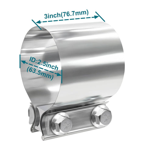 Angled side view of LWNWPPER exhaust clamp, 2.5-inch ID, 3-inch strap, 304 stainless steel.