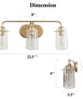 Three Light Gold Vanity Light With Seeded Glass Shades, modern matte gold fixture showing dimensions, 22.5” L x 9” W, 8” canopy