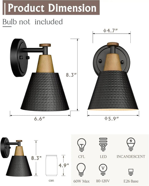 Set of 2 Matte Black Wall Sconces Modern Industrial Vanity Lights With Hammered Metal Shade For Bathrooms Dope Sconce Lighting For Hallway Vanity And Bedroom