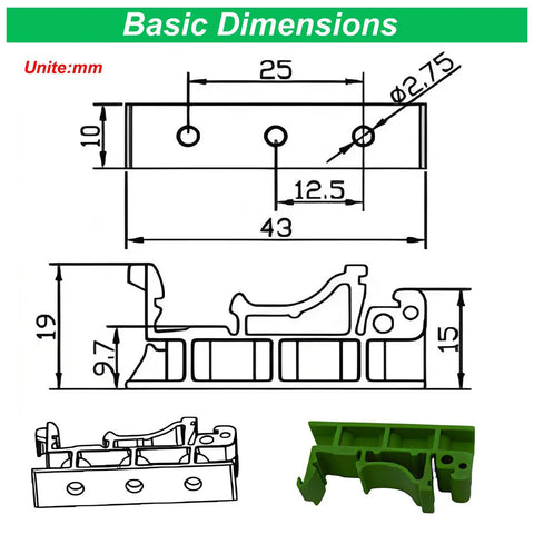 DIN Rail Mounting Kit For PCBs 35mm Snap On Adapters Clips With Screws PA66 Nylon Green Panel Brackets fitting diagram