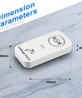 Wireless Water Leak Detectors with 90dB Adjustable Alarm dimensions shown on marble surface
