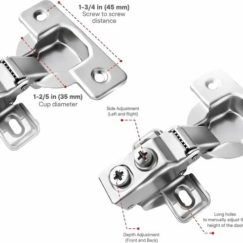 Six Pack 5/8 Inch Overlay Hinges With 3D Soft Close Satin Nickel 45mm showcasing adjustment features and stainless steel material