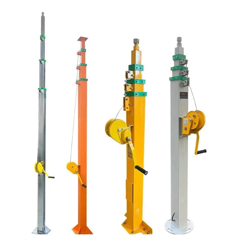 Manual Telescopic Mast set for hydraulic light tower, includes shiny alloy poles and pulley mechanisms. Replace Your Broken Retractable Electric Winch On Hydraulic Light Tower With This Tough Manual Telescopic Mast That Collaps Easy For Low Storage And Fast Lifting Extension Pole To Save You Big Time.