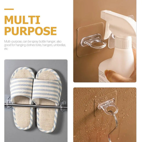 Heavy Duty Adhesive Wall Hooks 30 Pack Straight Up No Drill Setup For Bathroom Kitchen Storage Waterproof Plastic with spray bottles and slippers.