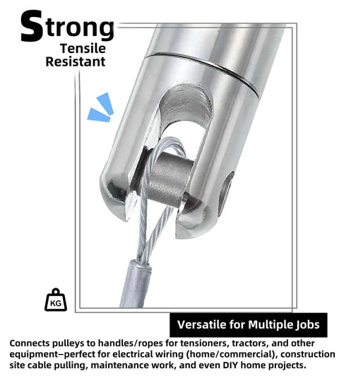 Heavy Duty 5 Ton Cable Pulling Swivel With Breakaway Safety Clutch And Nickel Plated Alloy Build For Tackling Rough Electrical Wire Feed Jobs Tough As Nails Guaranteed close-up of swivel connector with wire.