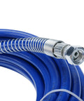 Slick Pro Series Airless Paint Spray Gun Kit Bundled With A Beefy 50 Foot X 1/4 Inch High Pressure Fiber Hose close-up view of the blue high-pressure hose.