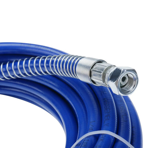 Slick Pro Series Airless Paint Spray Gun Kit Bundled With A Beefy 50 Foot X 1/4 Inch High Pressure Fiber Hose close-up view of the blue high-pressure hose.