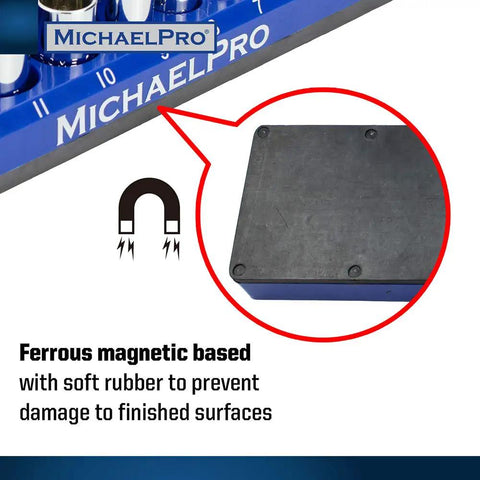 Magnetic Socket Organizer Tray Set base with ferrous magnetic rubber to protect surfaces, one piece of three, blue design visible.