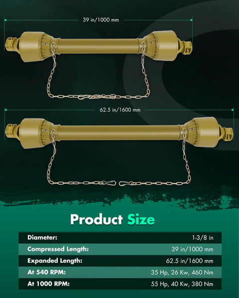 Professional Grade Top Tier Yellow Adjustable Pto Shaft For Tractors 39 To 62 Inch Drive Line With One Three Eight Splines, showing size dimensions.