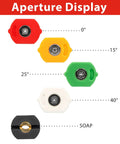 Five color-coded pressure washer nozzle tips with 0°, 15°, 25°, 40° and soap nozzle, 1/4 in quick-connect