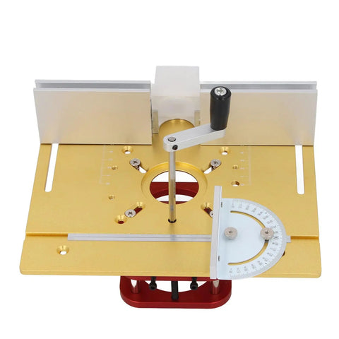 Built Tough Manual Router Lift Kit Featuring Precision Aluminum Base and Four Jaw Clamp Setup for Serious Woodworkers, top view.
