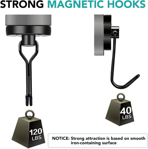 Eight Pack Swivel Magnetic Hooks Set, Heavy Duty 120LBS Capacity, Neodymium Magnetic Hooks With 1.26 Inch Diameter, weight demonstration