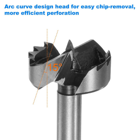 Close-up of arc curve design head of Top Notch Assorted Forstner Bit Set featuring hardened round shank for efficient drilling.